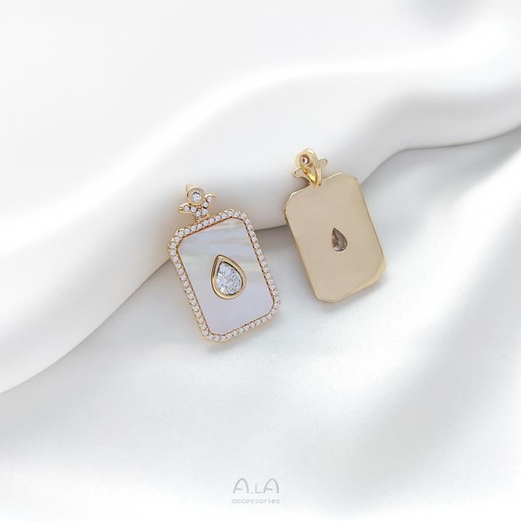 

Подвеска из золота 14 карат с цирконом в форме капли, флакон духов из перламутра и прямоугольная пластина-шарм для DIY ожерелья.