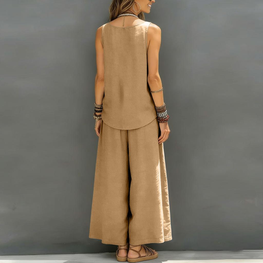 Women's Ccasual Sleeveless Vest And Wide Leg Pants Cotton Linen Set