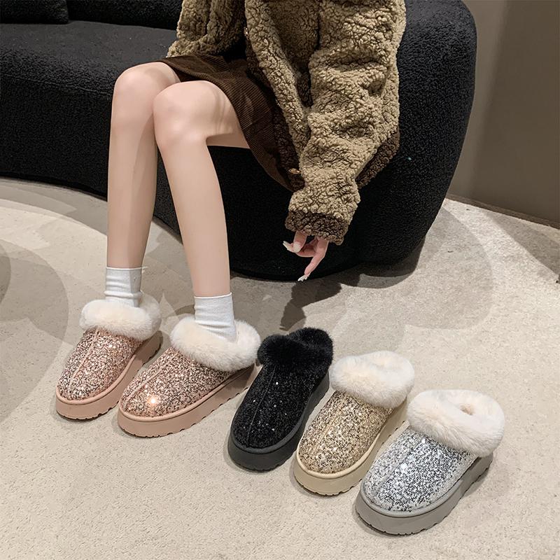 Aphixta Sequine Upper Warm Snow Boots Furry Plush Lining Ankle Boots Women Winter Ankle Boot Zip Shoe Botas Mujer Botines Size43