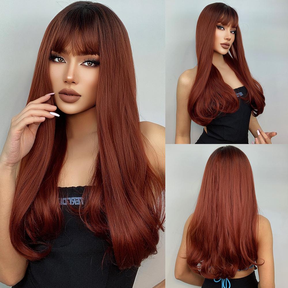 Lang Golvend Bordeaux Donkerrood Synthetisch Haar Pruiken met Pluizige Pony voor Vrouwen Wijnrood Body Wave Halloween Cosplay Natuurlijke pruik