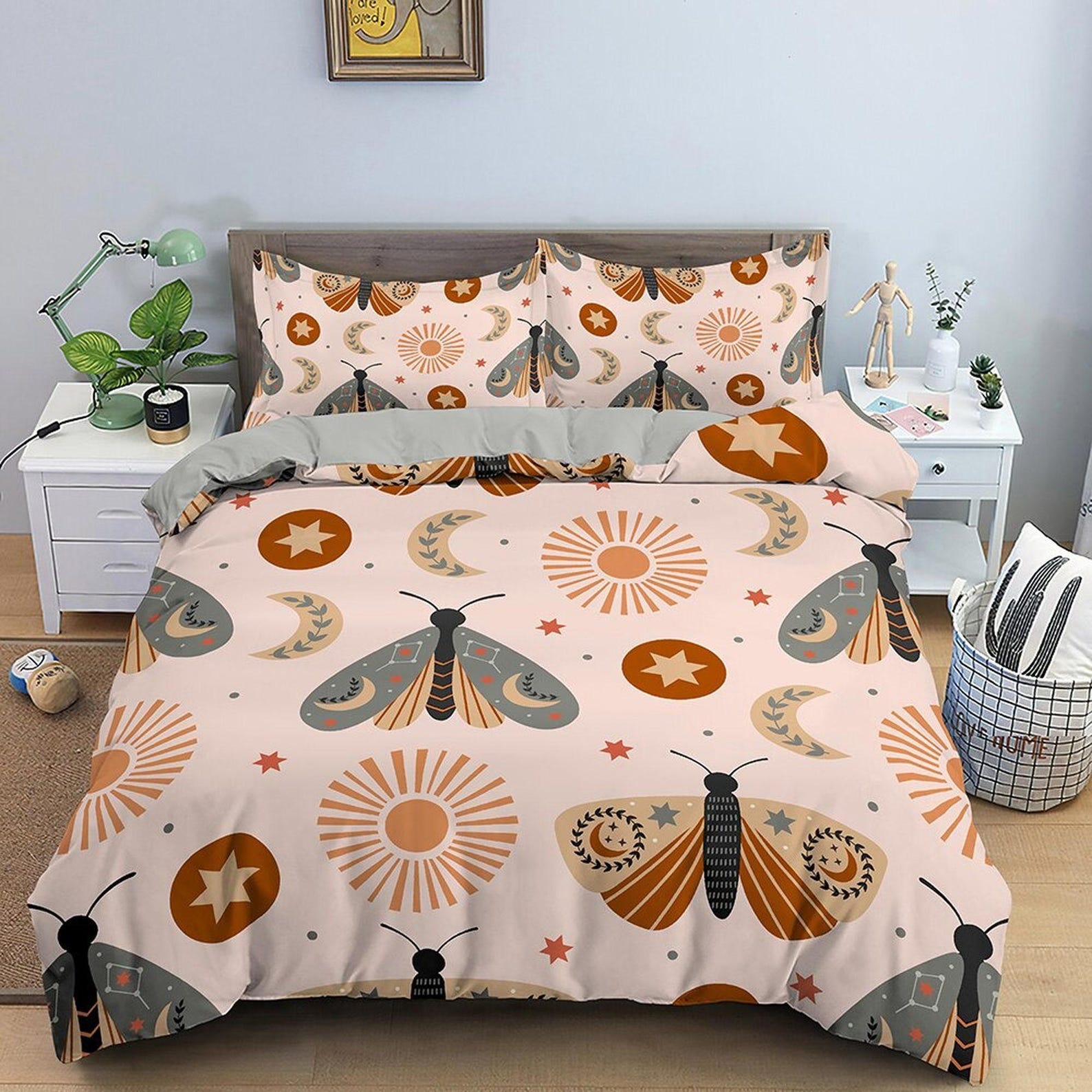 Boho Bedding with Luna Moth in Beige, Celestial Duvet Cover Set, Moon Sun Dorm Bedding, Aesthetic Duvet Cover King Queen Full Twin Single 135x200cm