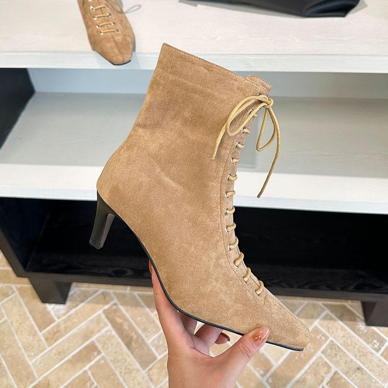 Fashion Pointed Toe Ladies Modern Ankle Boots Female Heels Footwear Flock Fashion Lace Up Elegant Women Short Boots Shoes Pumps lady