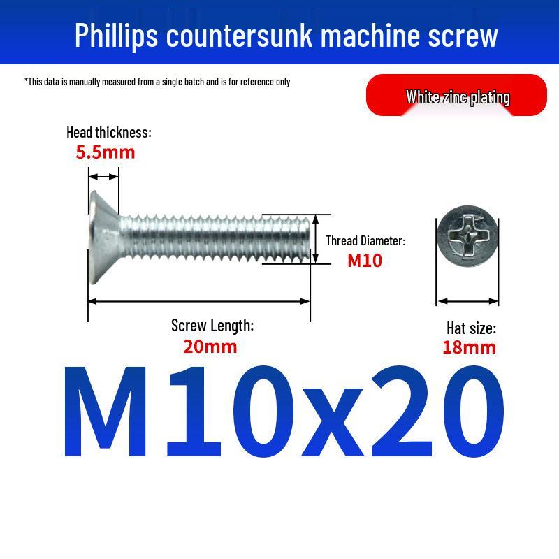 White Zinc Plated Cross Recessed Countersunk Head Screws & Bolts, Machine Thread, M3-M12