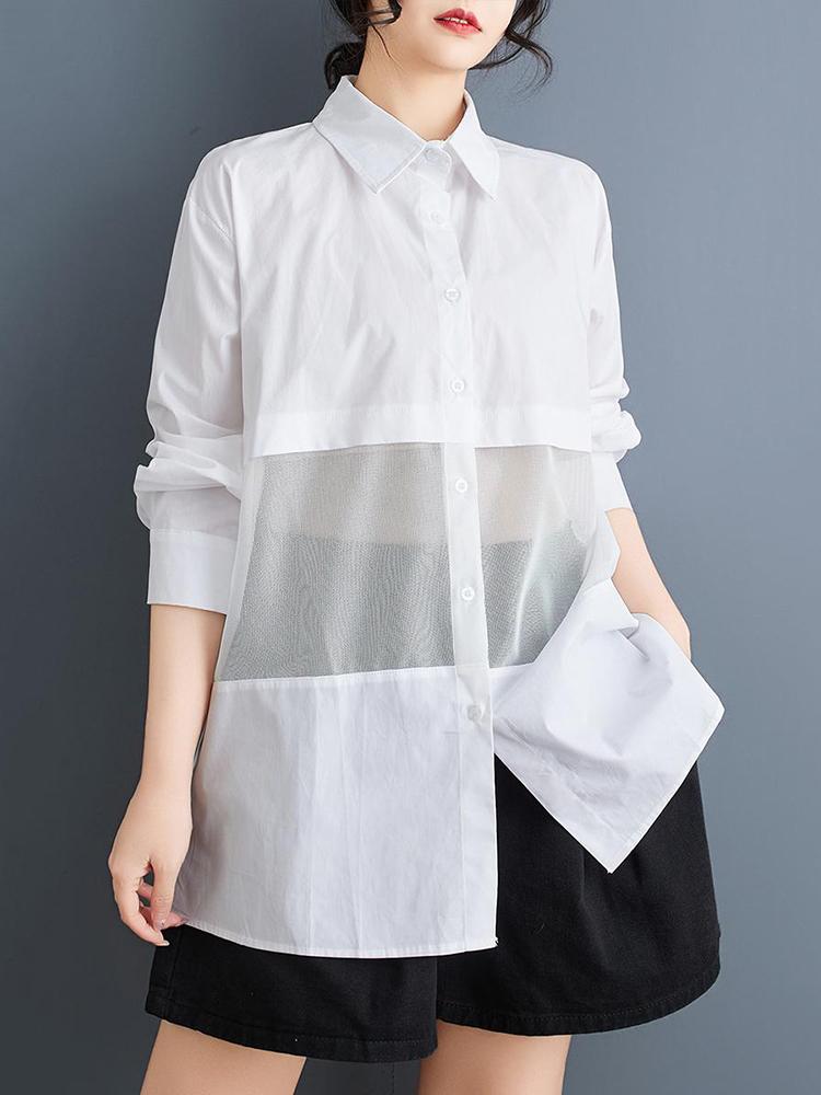 Xitao Patchwork Mesh Unregelmäßige Einreihige Bluse GMM1178