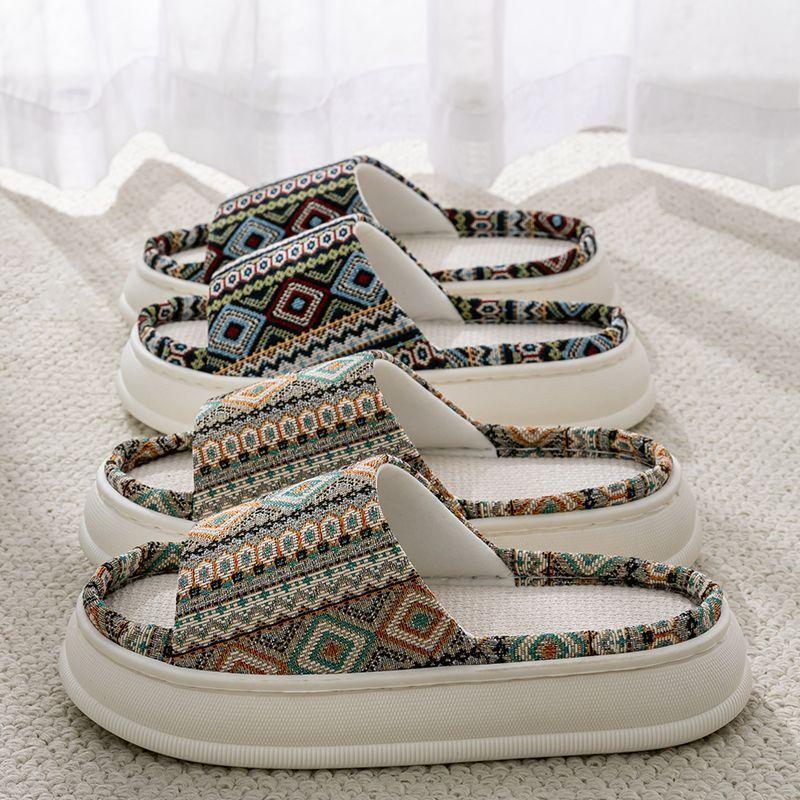 Ethnic style linen slippers home summer women's indoor household wooden floor non-slip breathable fabric cool slippers men