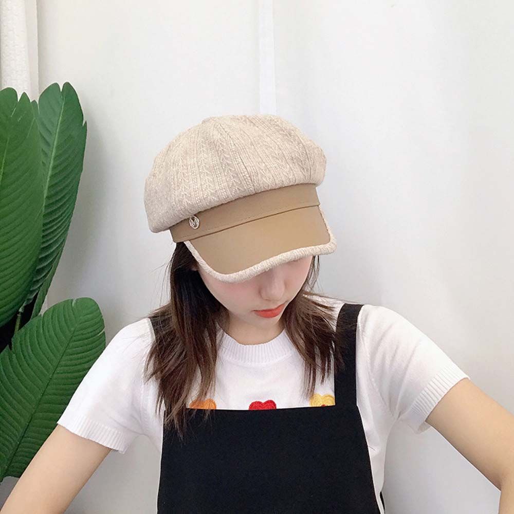 Little Fragrant Style British Style Stripe PU Leather Painter Hat Women Berets Korean Style Hat