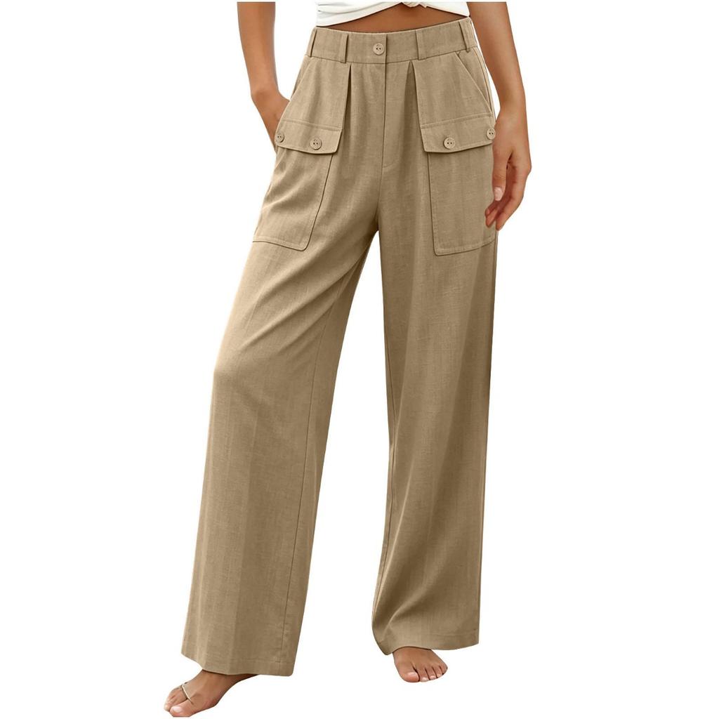 New Women's Casual Summer Cotton Linen Trousers Solid Color Button High Waist Straight Wide Leg Pants