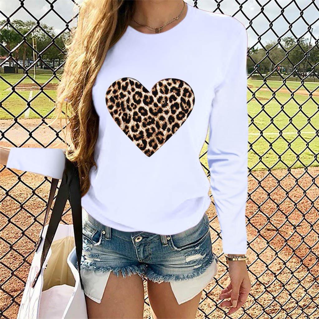 Women Casual Long Sleeve  Leopard Print Heart-shaped Top