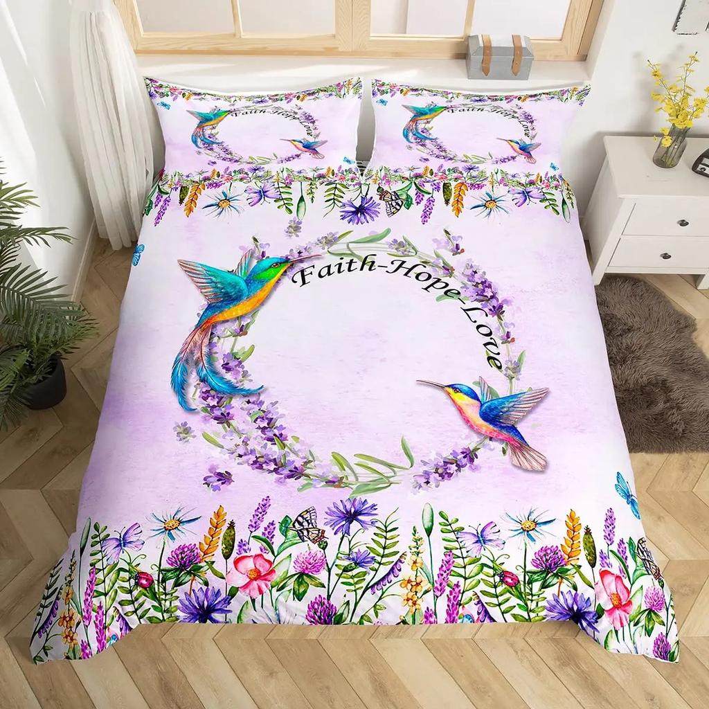 Cute Birds Duvet Cover King Size Pink Peach Flower Bedding Set Polyester Bird Butterfly Wild Animal Comforter Cover For Boy Girl