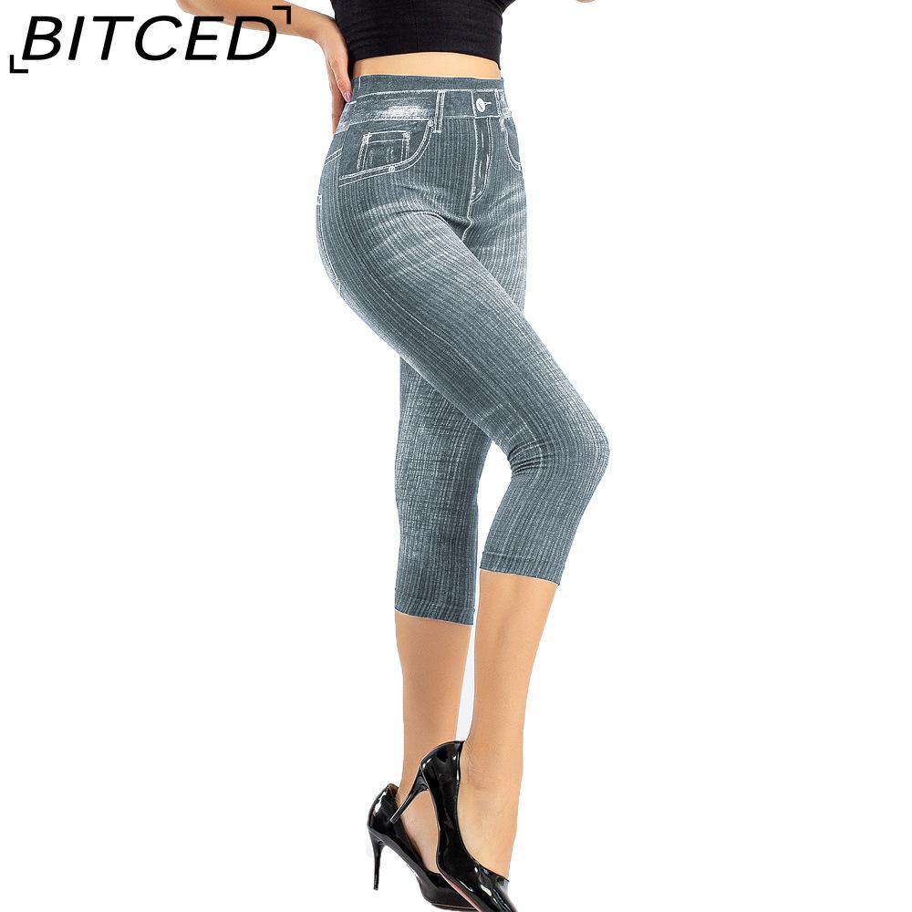 BITCED Women Denim Print Leggings Fashion Slim Leggings Faux Jeans Leggings Short Print Leggings Pants