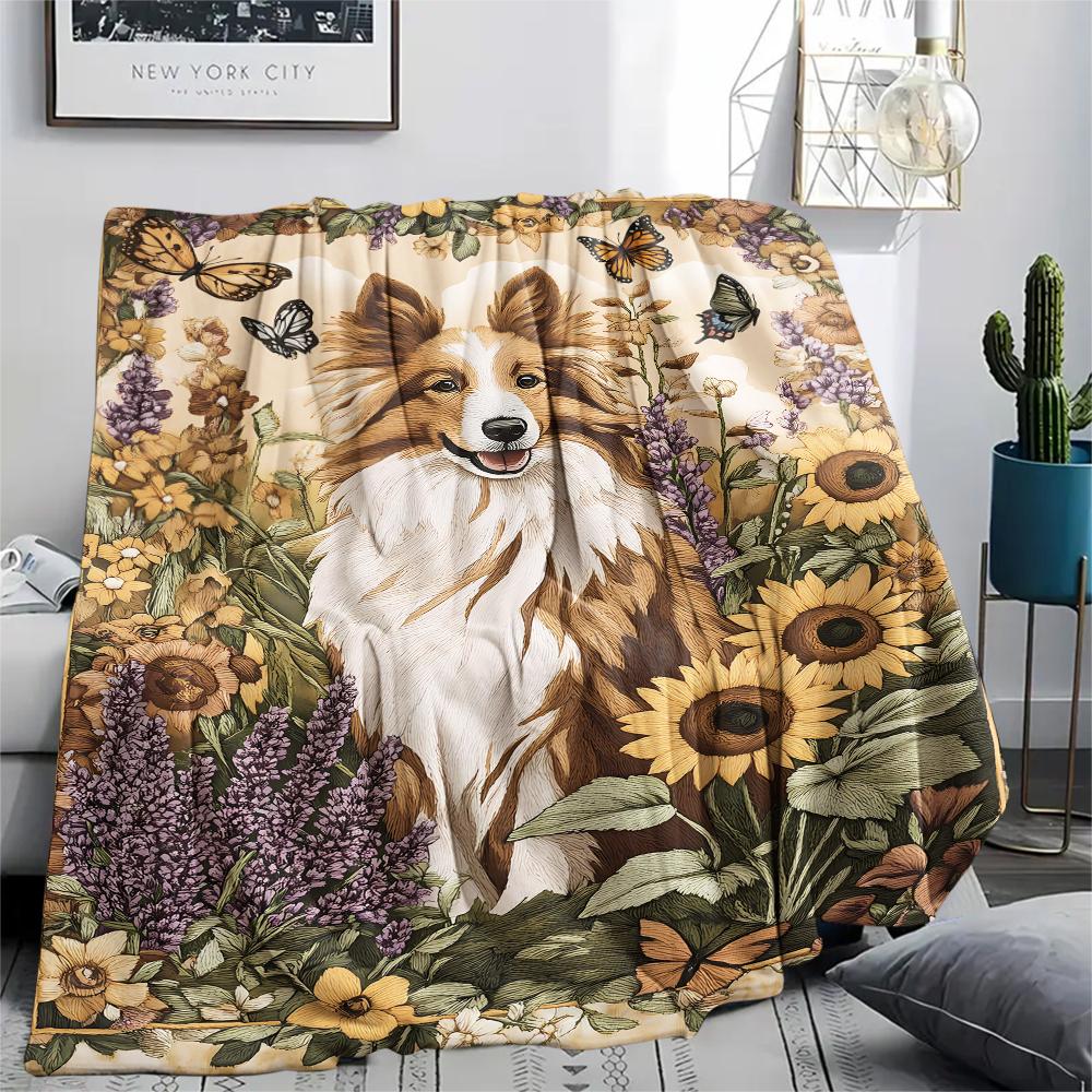1 Stück Hunde- und Sonnenblumen-Print Flanelldecke, Hohe Qualität, Bequem für alle Jahreszeiten, Heimdekoration, Wärme und Komfort, Perfekt für Weihnachtsgeschenke