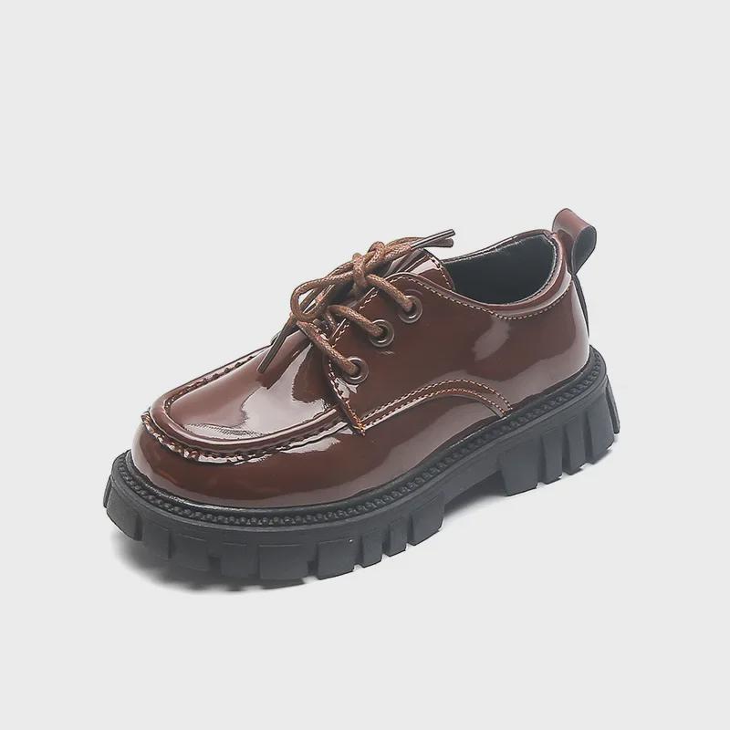 British Style 2023 Black Leather Shoes for Kids: Medium & Large, Lace-Up, Thick-Soled, Perfect for Students' Performances, Boys & Girls.