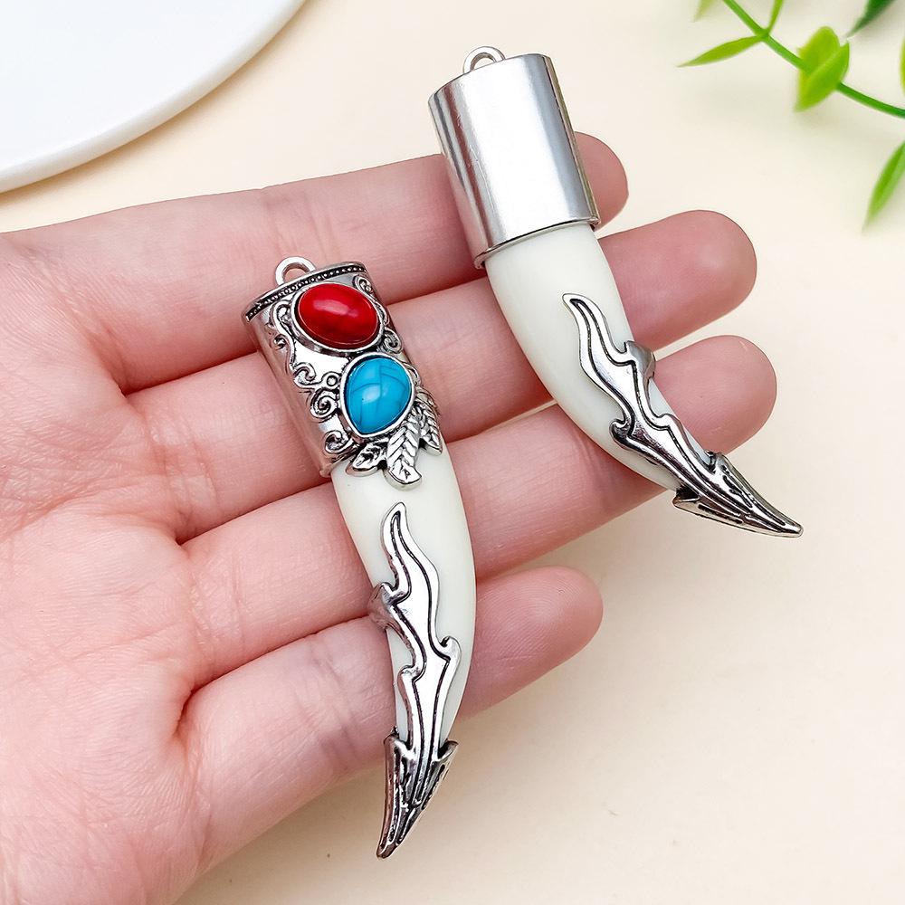 Retro Ethnic Wolf Tooth Pendant Earrings & Necklace with Tibetan Silver Resin Inlay
