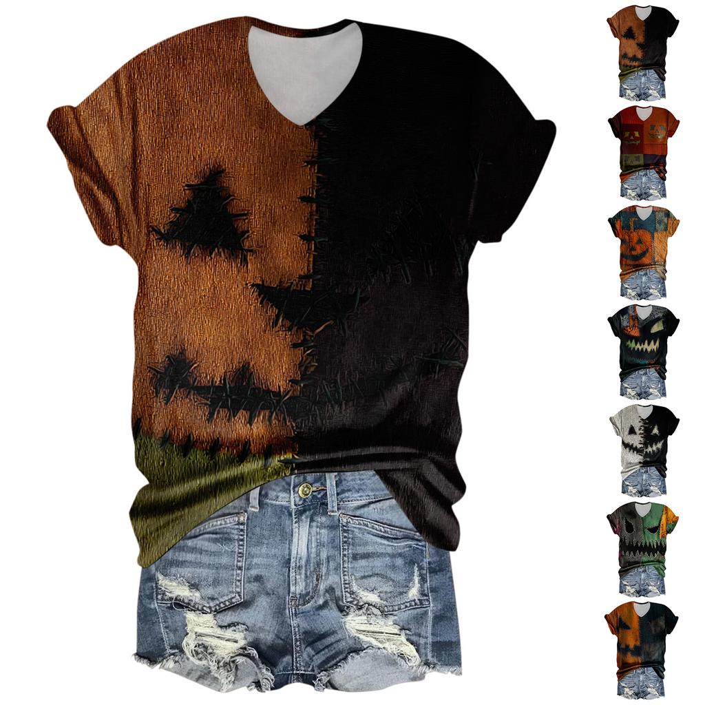 Women's Fashion Casual Three-quarter Sleeve Halloween Letters,  Face Print Top