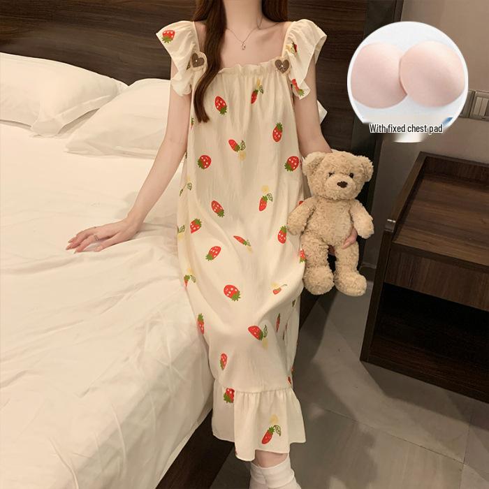 Women's Cloud Cotton Camisole Nightgown with Built-in Bra, Princess Style, Long Lapel Design for Summer 2026.