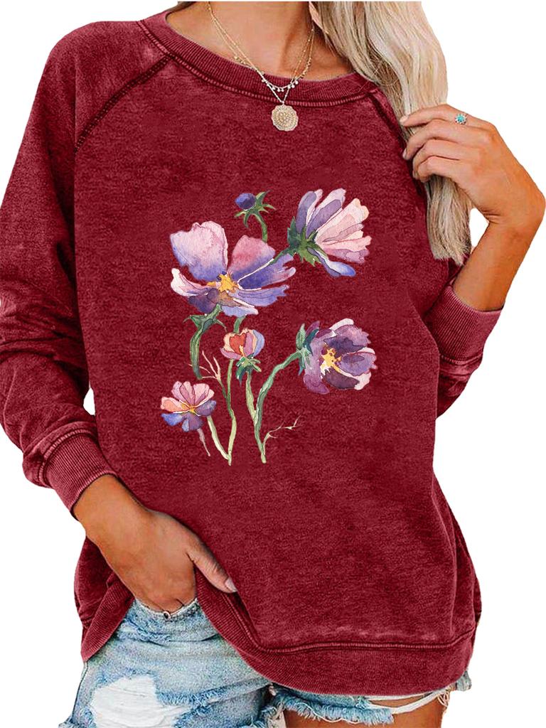 Ladies Spring/Fall Sweatshirt Women's Oversized Pullover Sweatshirt Fashion Flower Print Top