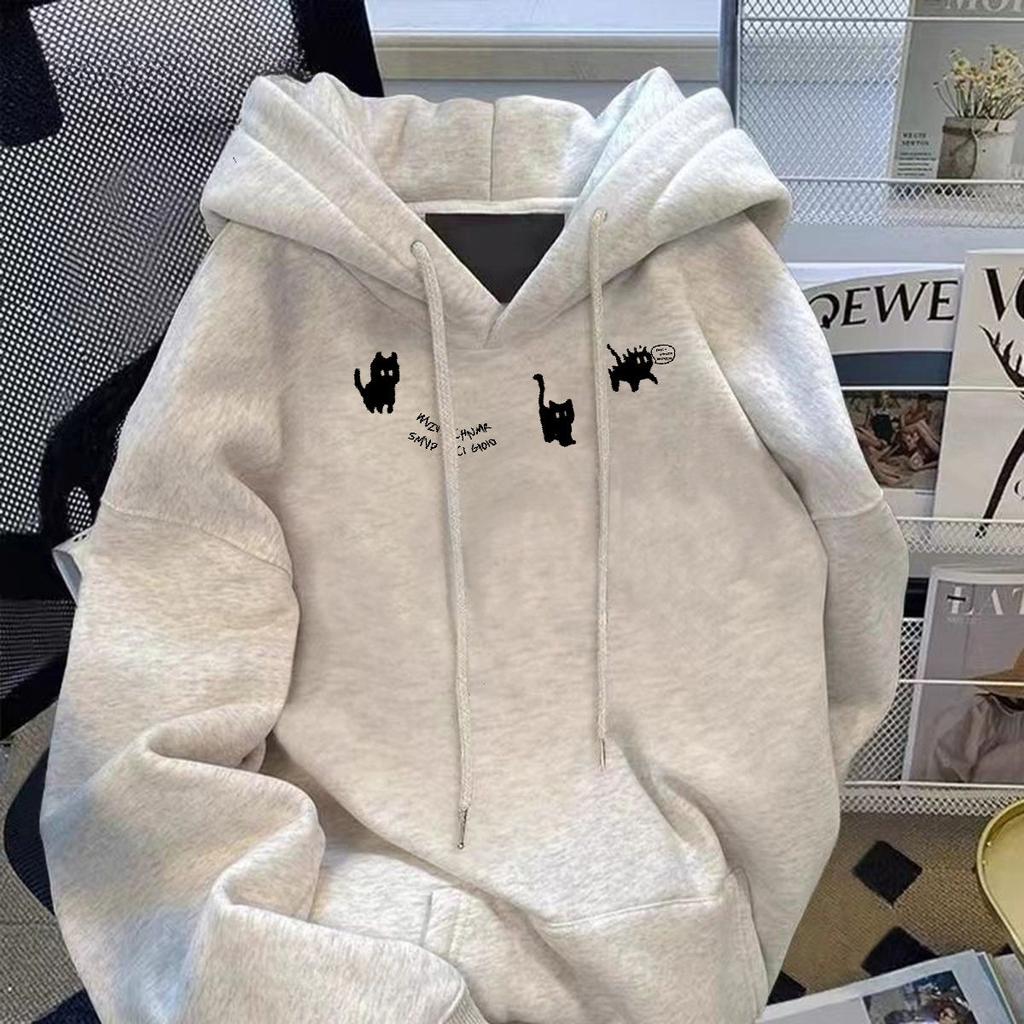 Cute Little Black Cat Printed Hooded Sweatshirt for Men Women Autumn Winter Loose Hoodie Casual Couple Top Vintage Coat