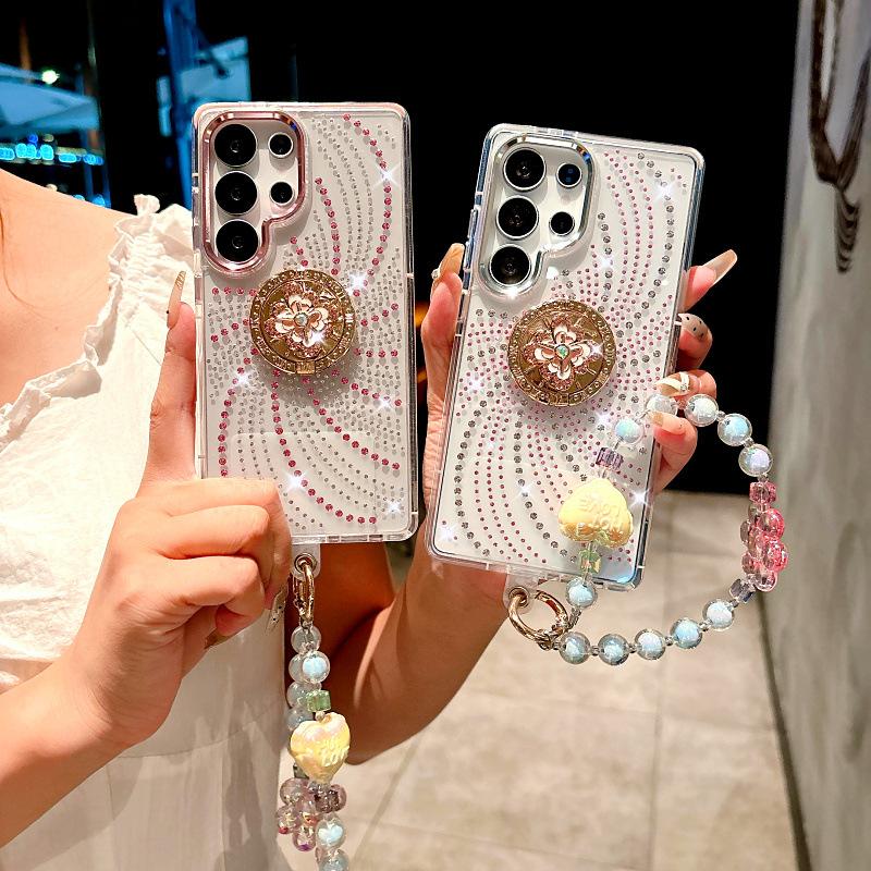 Suitable for Samsung S25 Rhinestone Phone Case S24ultra Flow Flash Drill 23plus Flower Ring Support