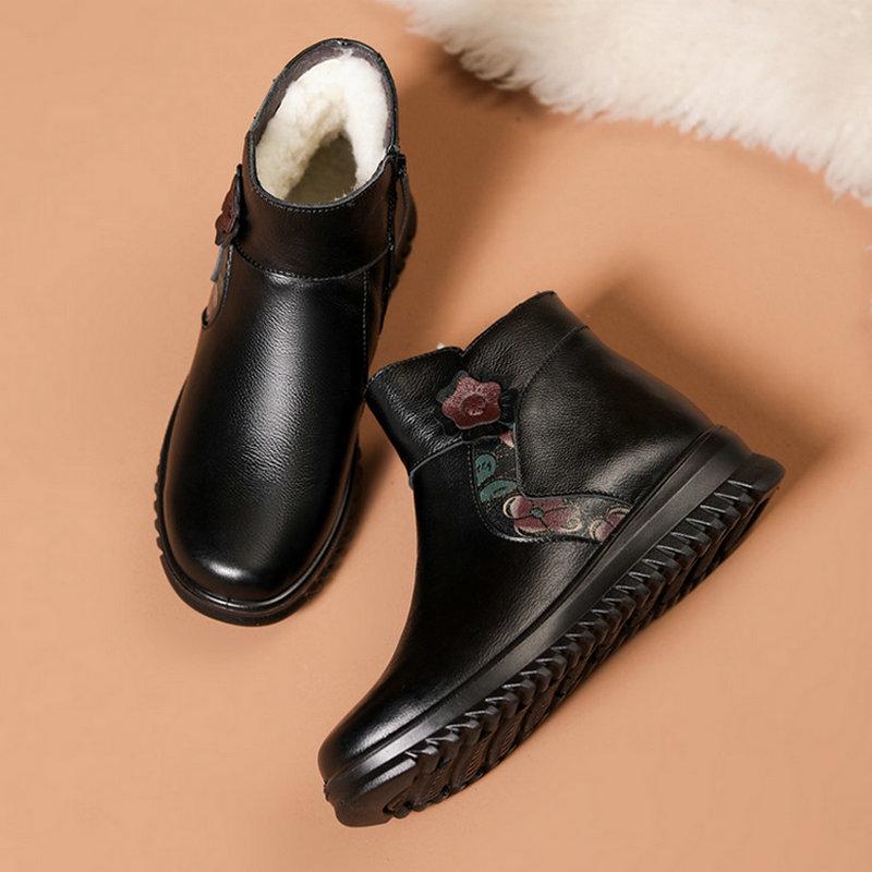 Winter Women Genuine Leather Waterproof Warm Non-slip Ankle Boots Women Soft Outdoor Casual Flat Shoes Mother Warm Snow Boots