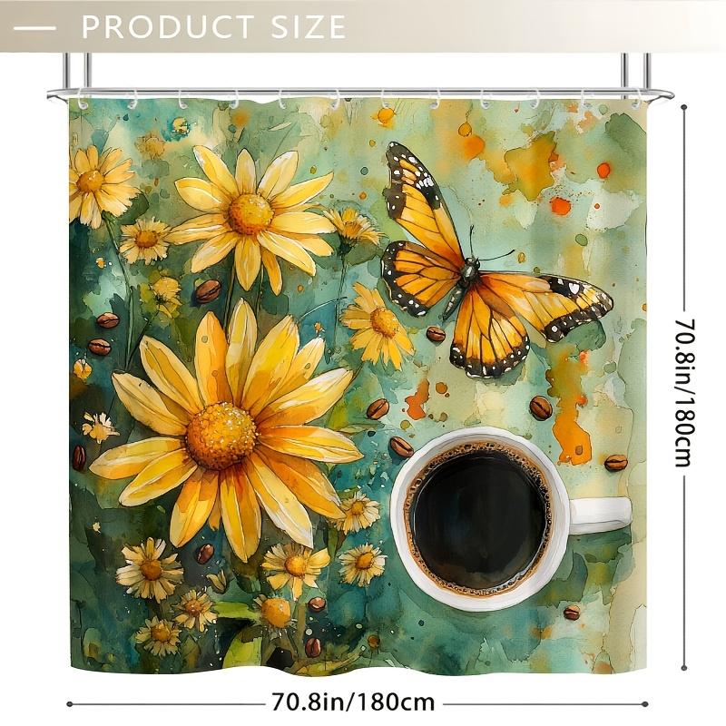 1pc Vibrant Yellow Daisies, Coffee & Butterflies Shower Curtain,  Durable Polyester, Easy Clean