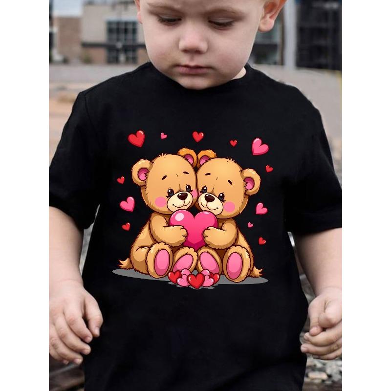 European sizes [Boys  Teddy Bear T-Shirt] Boys  Cute Teddy Bear Holding Heart T-Shirt - Summer Short Sleeve Casual Round Neck Top 98cm чёрный