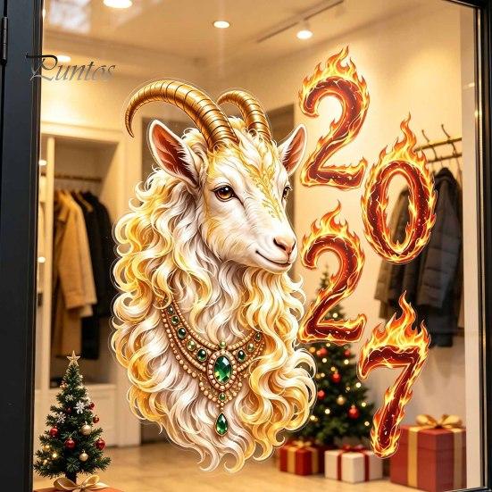 Auspicious 2027 Year of Sheep Decor Goat Window Cling, Golden?White Zodiac Static Glass New Decal Sticker, Lunar Spring Festival for Home