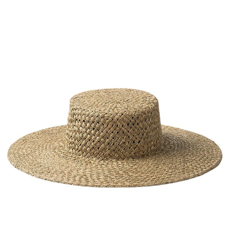 Spring and Summer New Hand-woven Seaweed Flat-top Straw Hat for Men and Women Outdoor Travel Sunscreen Beach Sunshade Flat-top Hat