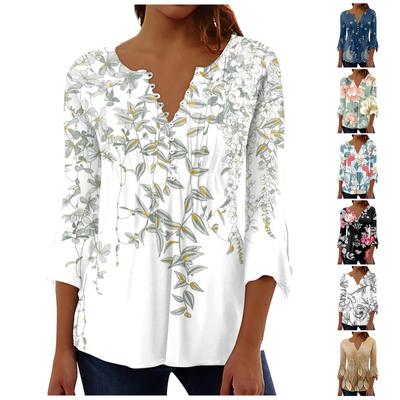 Button-Down-Hemden für Damen, bedruckte Tunika, Sommer-Oberteile, elegante, lässige Glocke, 3/4-Ärmel, V-Ausschnitt, Frühlingsblusen