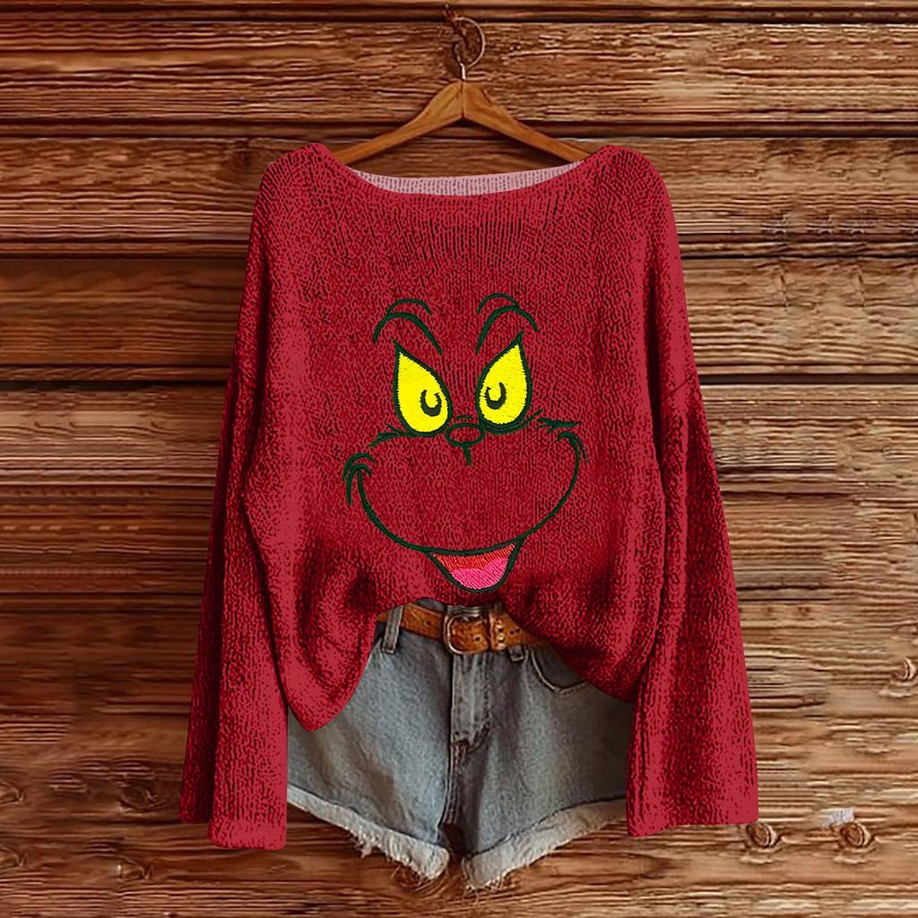 Women's Round Neck Lightweight Sweater Casual Long Sleeve Christmas Print Knit Pullover.