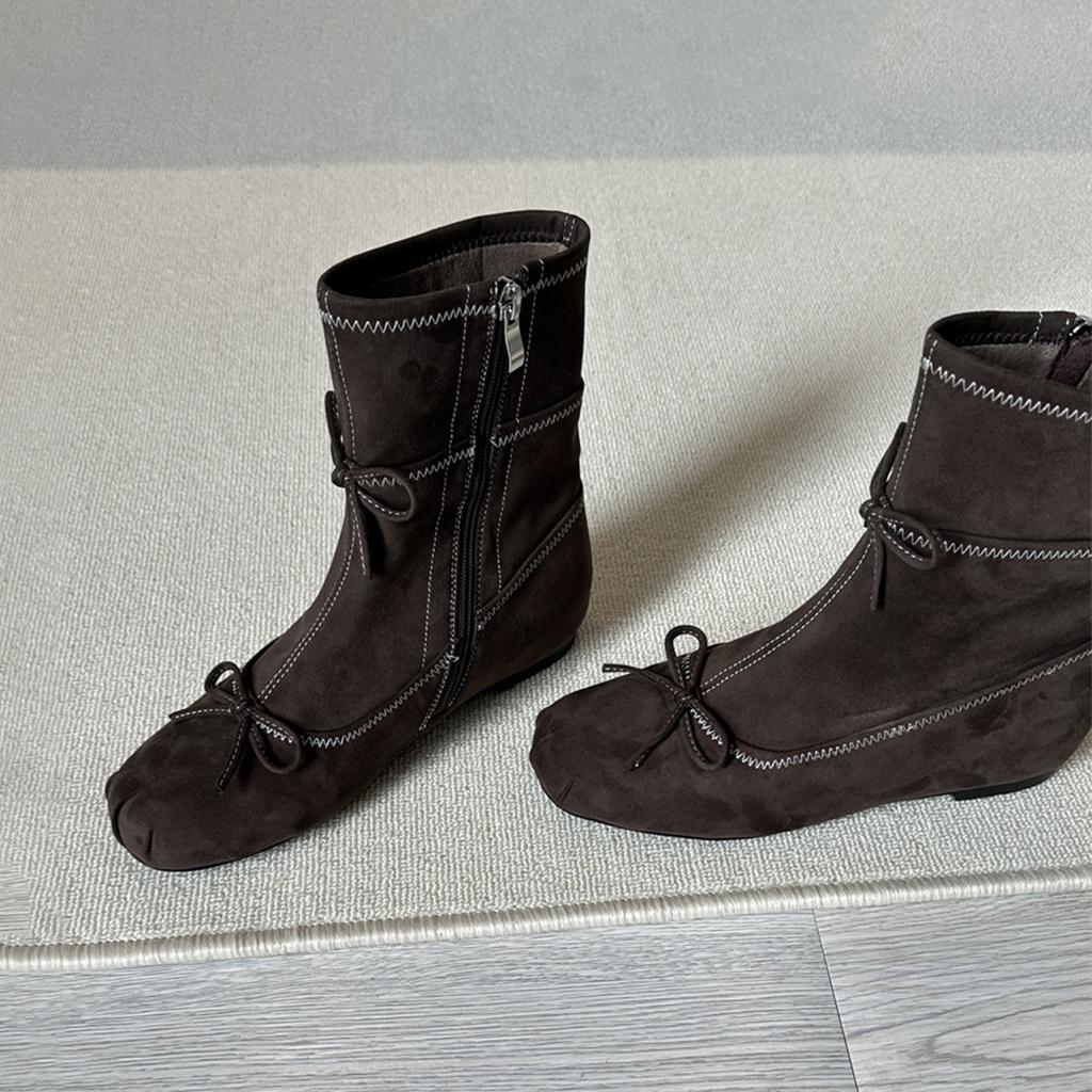 Lammfellversion~ Französische runde Zehen Schleife innen höhenerhöhende kurze Stiefel Damen elastische dünne Stiefel Reißverschluss hinten Temperament kleine nackte Stiefel