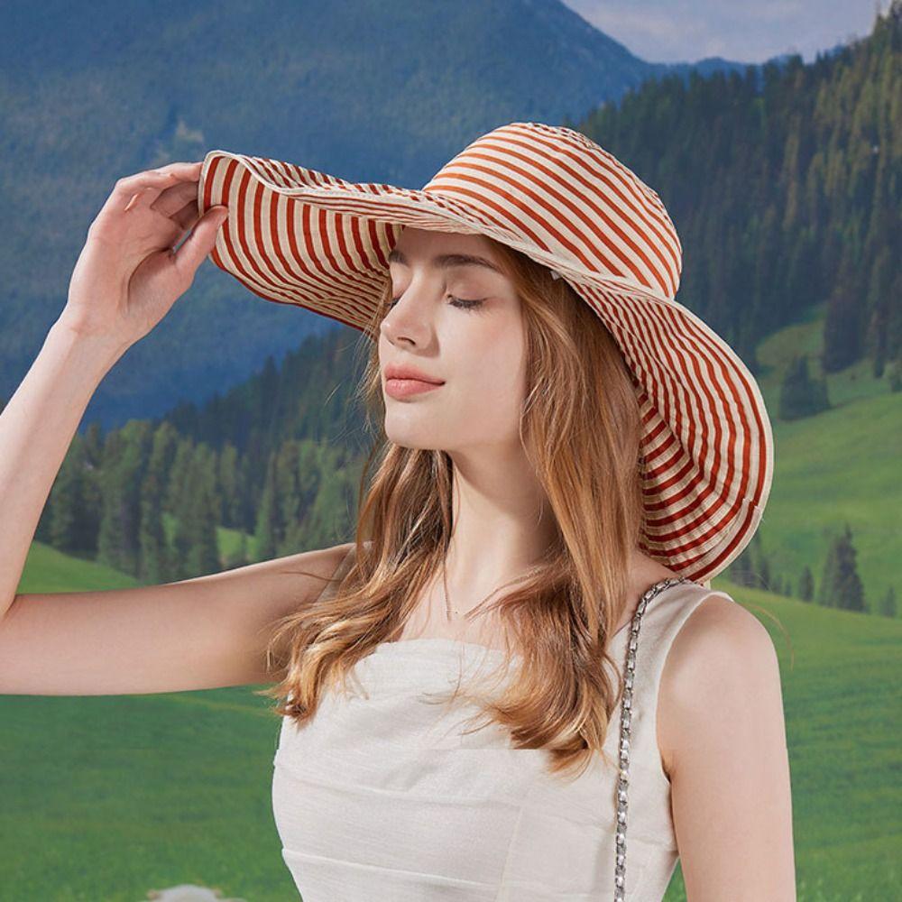 Bow Stripe Bucket Hat Wide Brim Sun Protection Cap Casual Fisherman Hat  Hiking