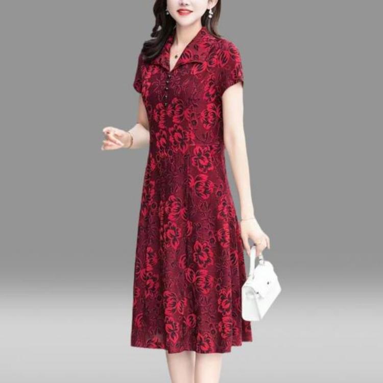 Spring Fall Floral Printed V Neck Lapel Collar Short Sleeves A-Line Midi Dress Casual Knee Length Dress for Women Middle Aged Ladies