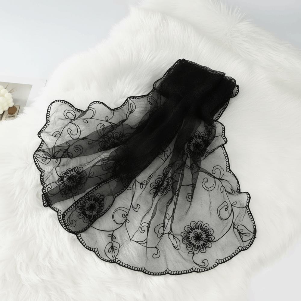 Embroidered Sheer Shawl Lightweight Summer Hijab Lace Scarf Floral Headwrap Church Attire чёрный
