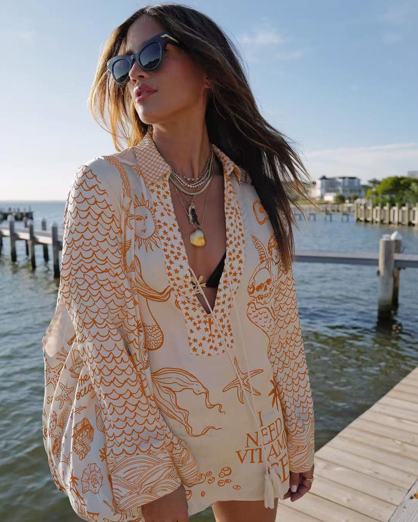 Kimono de Manga Larga con Cuello en V Holgado para Mujer, Cubre Traje de Playa con Estampado Tropical
