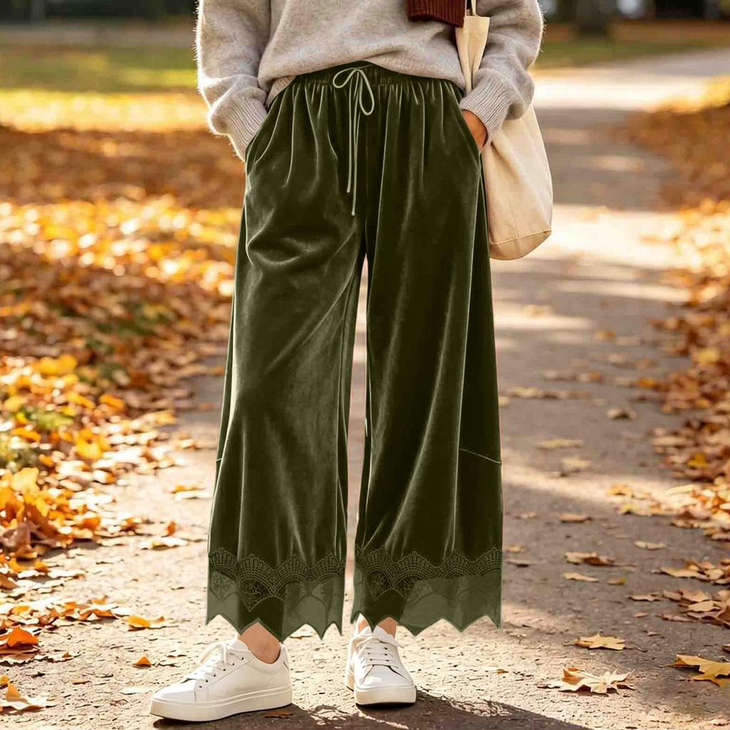 Women's Fashion Color Casual Wide Leg Pants with Elastic Waist and Pockets