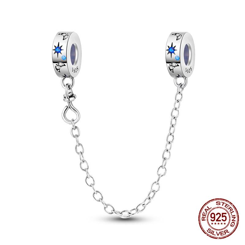 Original 100% 925 Silver Star Moon Safety Chain Fit 925 Original Bracelet & 3mm Bracelet DIY Jewelry Making Women Gift