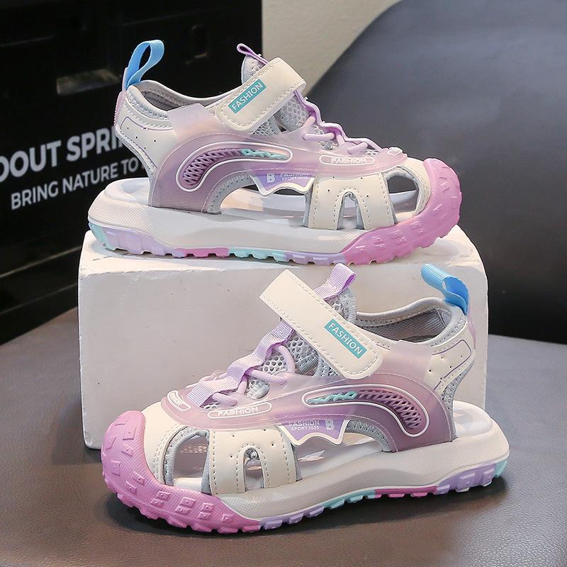 

Kids Sports Sandals Hollowed-out Boys Girls Beach Shoes Toes Capped Non-slip 2025 Summer New Children Running Shoes Lightweight 26 розовый