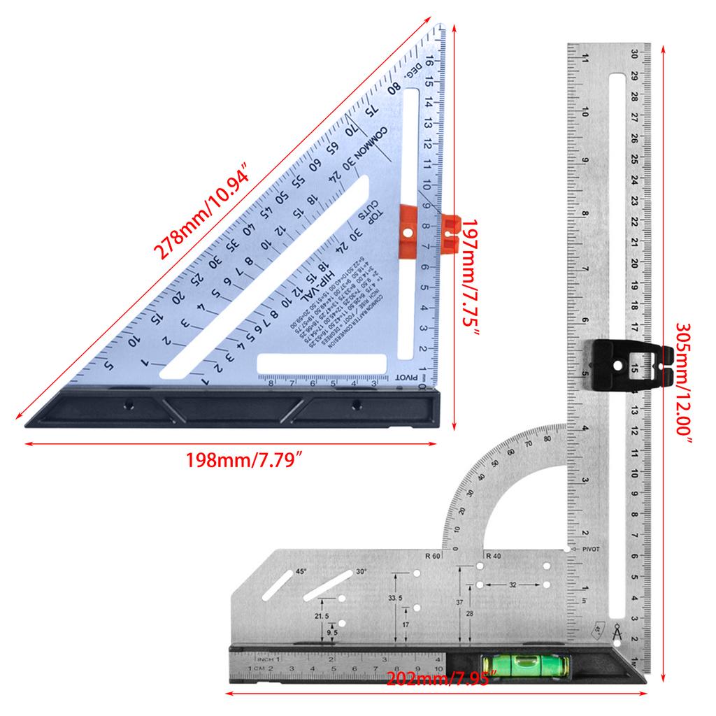 Triangle Ruler Thickening Angle Protractor Aluminum Alloy Carpenter Measurement Square Ruler Woodworking Triangle Ruler