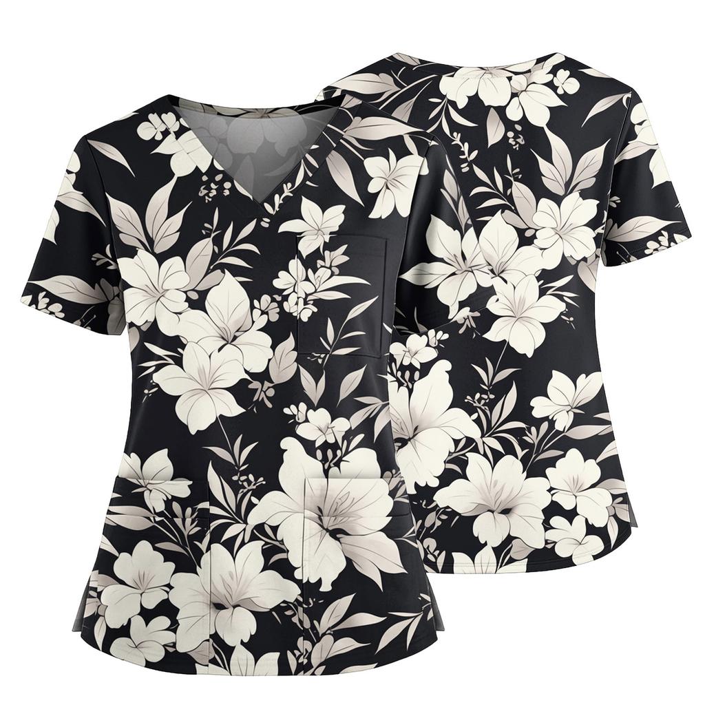 Damen Casual Bedrucktes V-Ausschnitt Taschen Seitennaht Schlitz Kurzarm Top