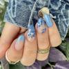 24Pcs French Tip Blue Flower Press On Nail Short Almond Shape Stick on Nail Manicure Nail Decoration for Women