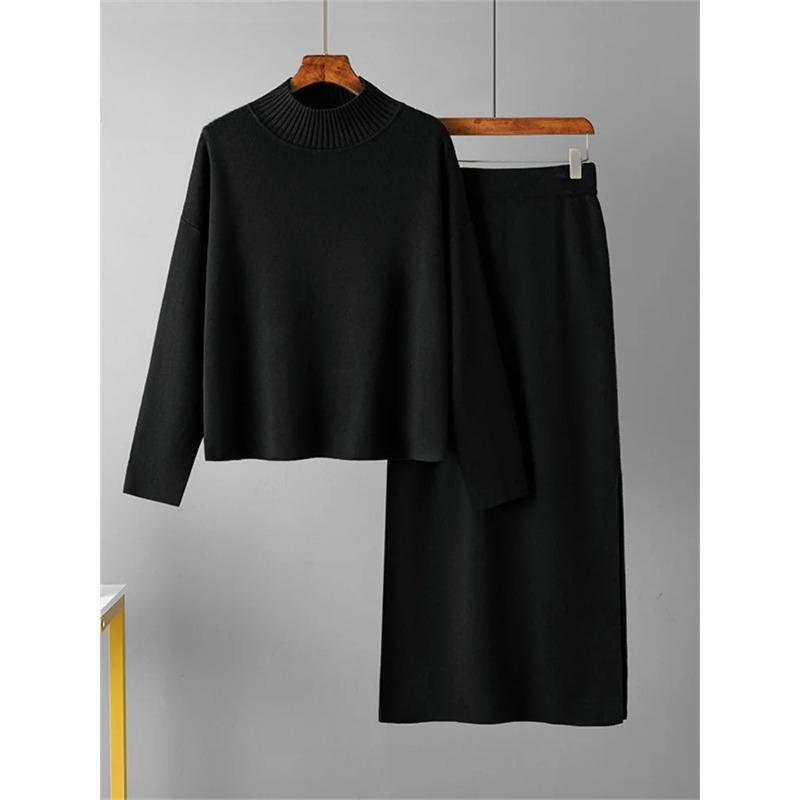 Fashion Autumn Sweater Two Pieces Suits Women Loose Warm Pullovers+Split Long Skirt 2026 Winter Casual Knitted Sets
