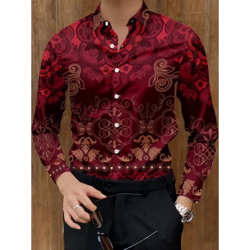 Men's New Retro Totem Flower Pattern Light Luxury Business Casual Long Sleeved Shirt Baroque Red Brown Interwoven Top