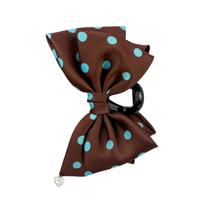 Satin Dot Double Ribbon Hair Clip _ Brown
