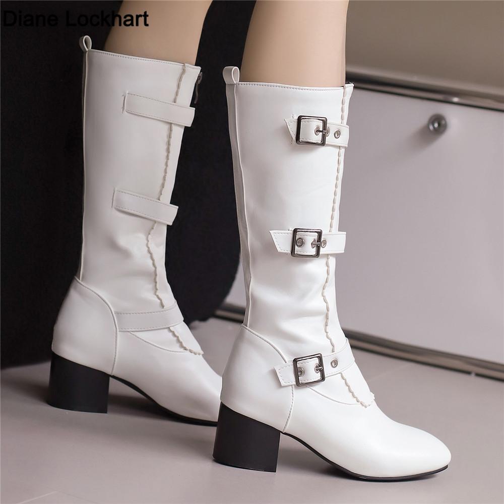 Knee-High Boots Women Vintage Belt Buckle Shoes Female Square High Heel Zipper Autumn Winter Soild Casual Botas Feminina