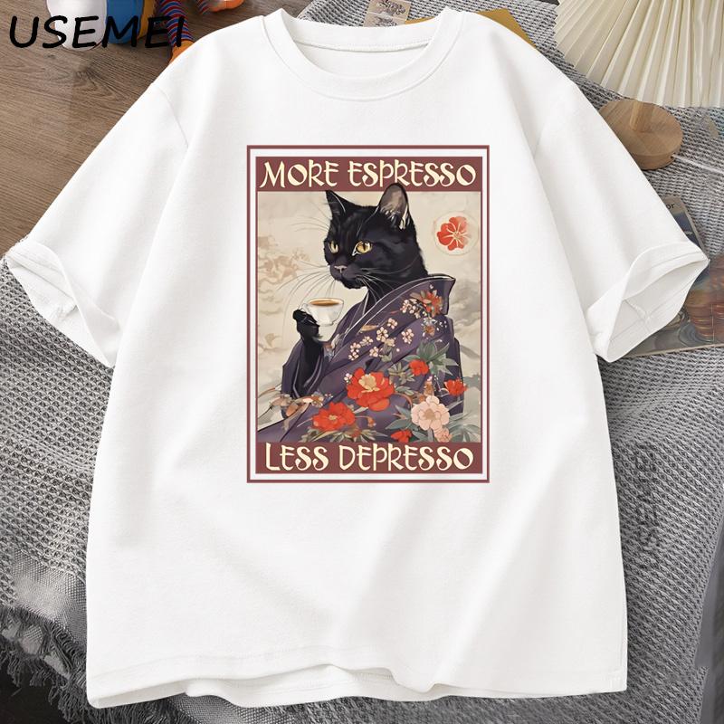 More Espresso Less Depresso Humorous TShirt Unisex Women Black Cat Coffee T Shirt Cotton Y2k Summer Loose Short Sleeve Tee