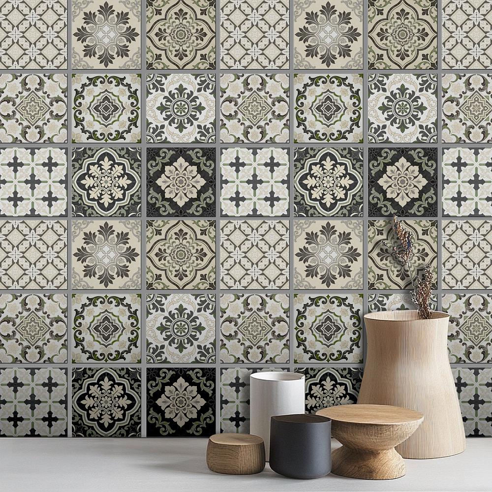 Waterproof PVC Tile Stickers for Kitchen Bathroom Waterprrof Wall Tiles Square with Flower Pattern Floral 100x100mm 36pcs/set