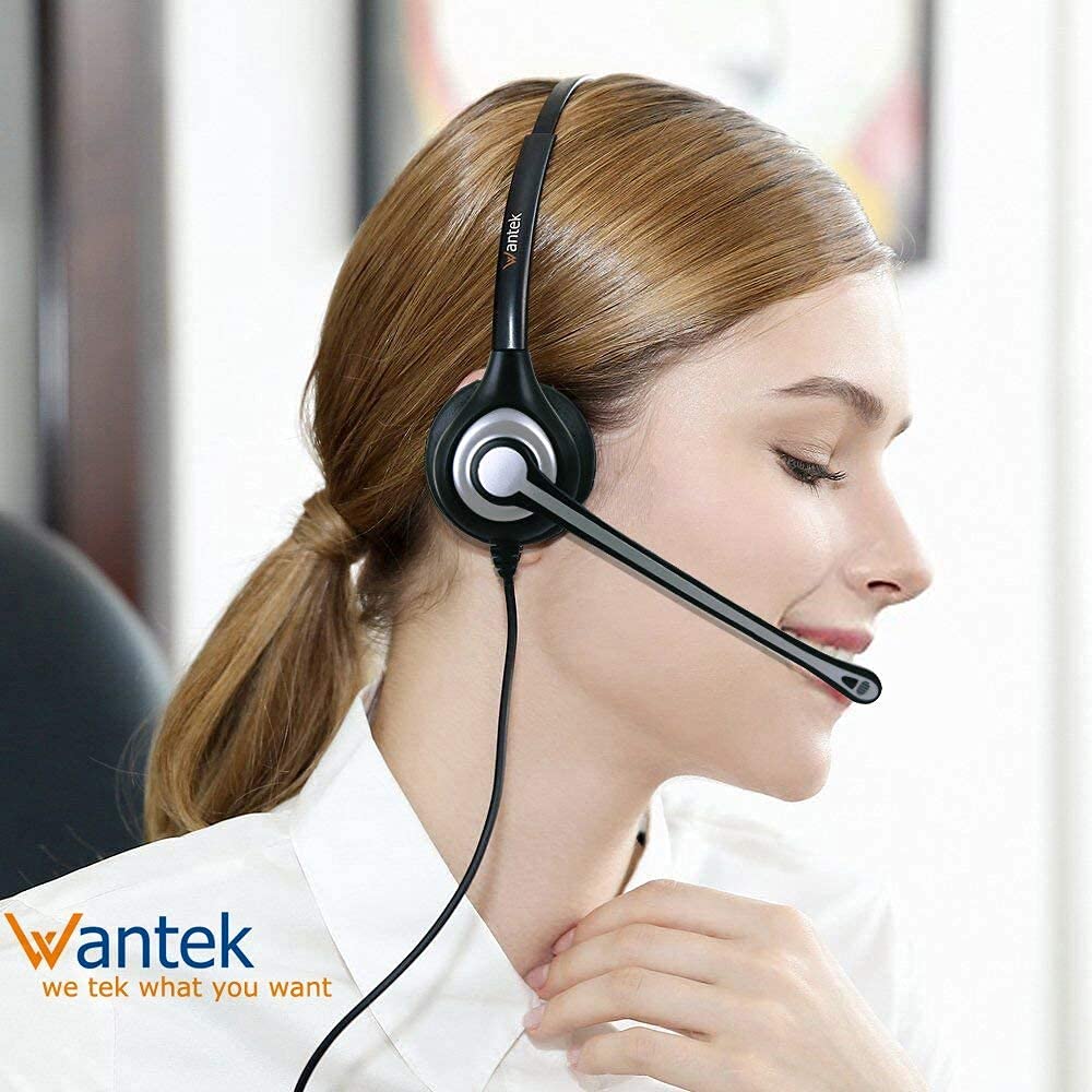 Telephone Headset, Single Ear, Noise-Canceling Microphone, Headphone for Landline Telephones, Wantek RJ9, Call Center Telephone Headset, Compatible Wi