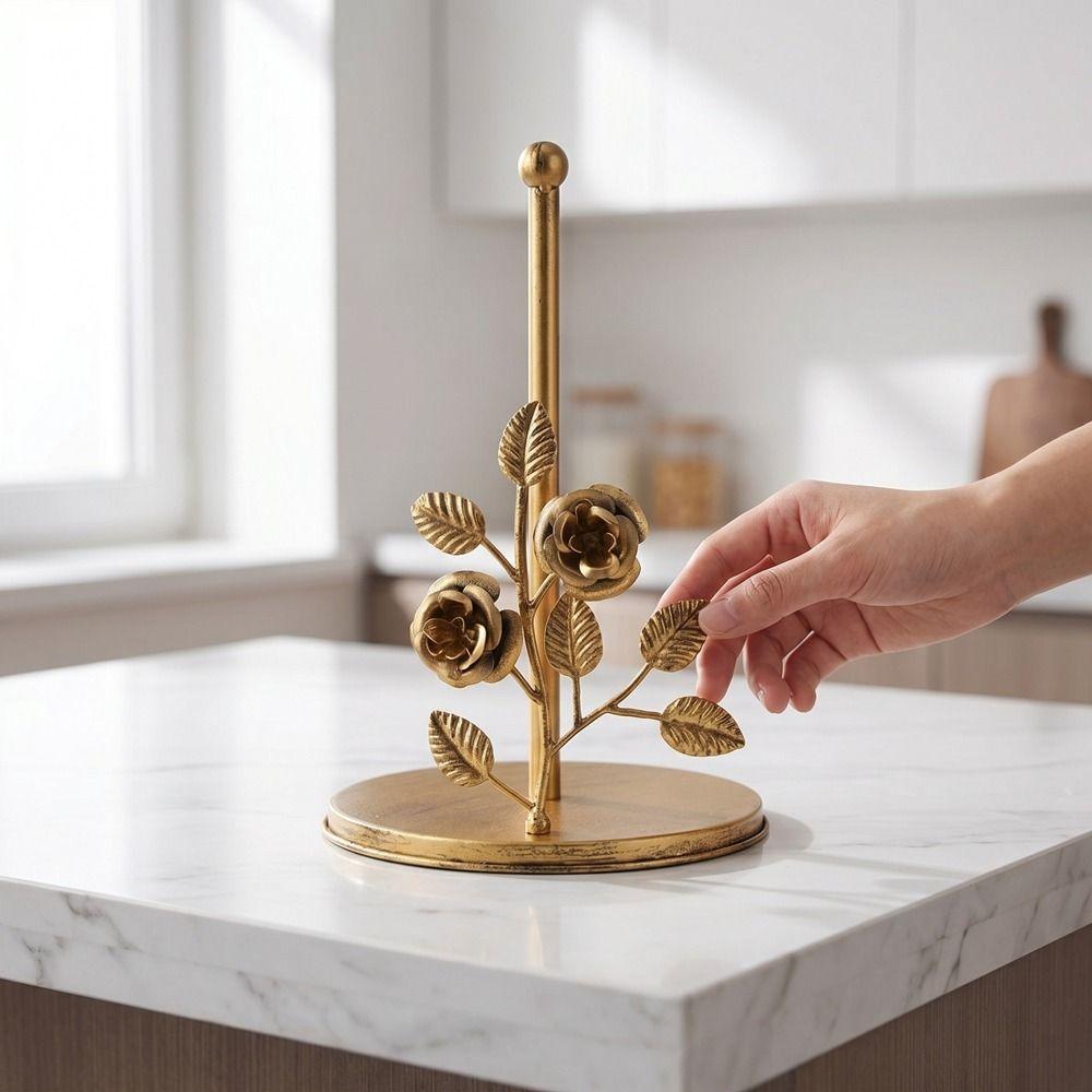 Modern Iron Vertical Tissue Holder Ginkgo Leaf Rose Shaped Roll Paper Rack Free Standing Decorative Tissue Stand for Kitchen