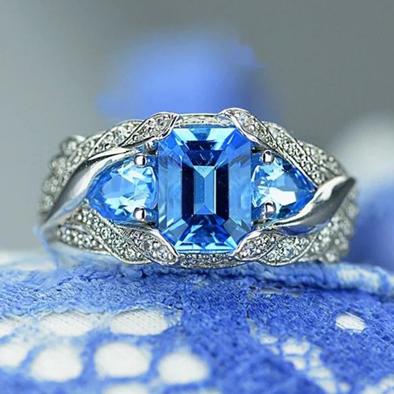 New Best-Selling Zircon Ring In Europe And America Blue Square Gem Women's Ring Popular Accessories