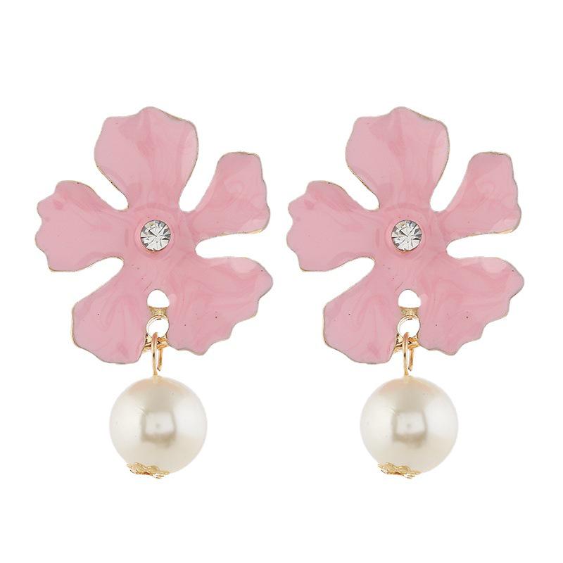 Sweet Floral Tassel Earrings: Korean-Japanese Style, Enamel Diamond Inlaid, Pearl Studs